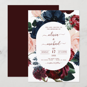 Burgundy Navy Blue Floral Eucalyptus Wedding Invitation