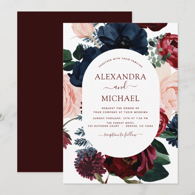 Burgundy Navy Blue Floral Eucalyptus Wedding Invitation (Front/Back)