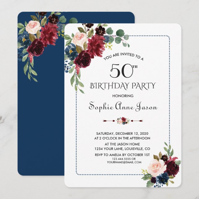 Burgundy Navy Blue Floral Frame 50th Birthday Invitation (Front/Back)