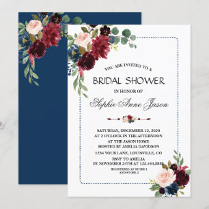 Burgundy Navy Blue Floral Frame Bridal Shower Invitation