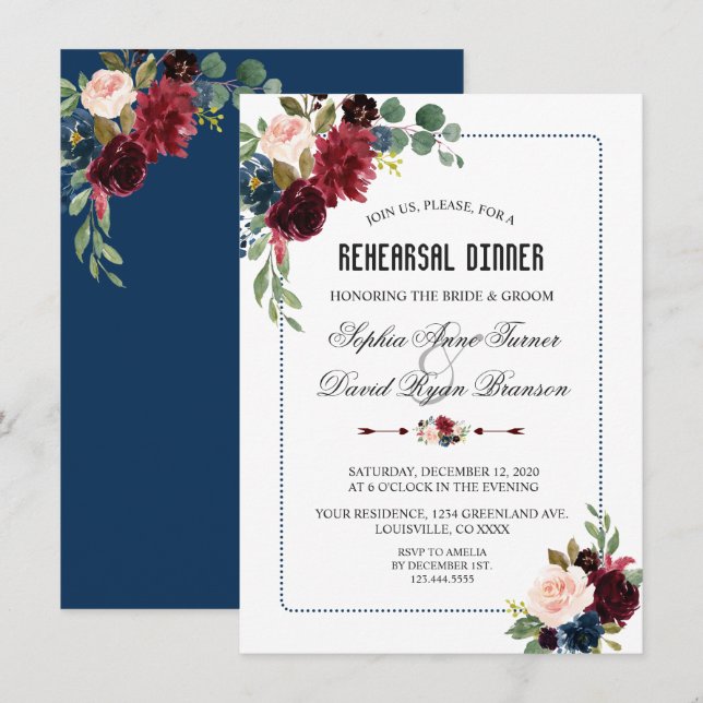 Burgundy Navy Blue Floral Frame Rehearsal Dinner Invitation (Front/Back)