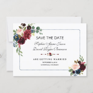 Burgundy Navy Blue Floral Frame Save The Date