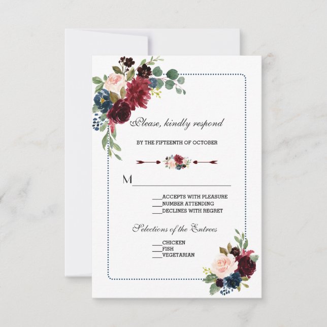 Burgundy Navy Blue Floral Frame Wedding RSVP (Front)
