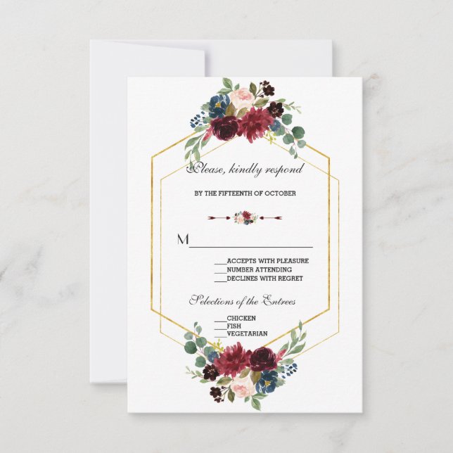 Burgundy Navy Blue Floral Frame Wedding RSVP (Front)