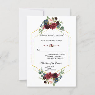 Burgundy Navy Blue Floral Frame Wedding RSVP Card