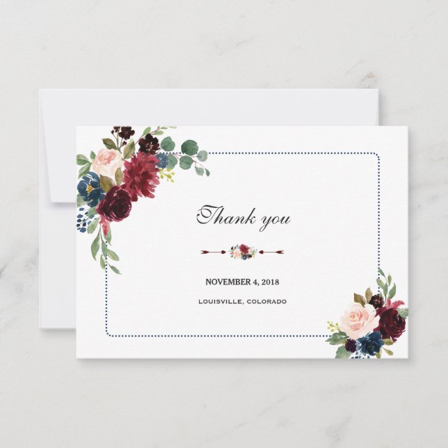 Burgundy Navy Blue Floral Frame Wedding RSVP Thank You Card (Front)
