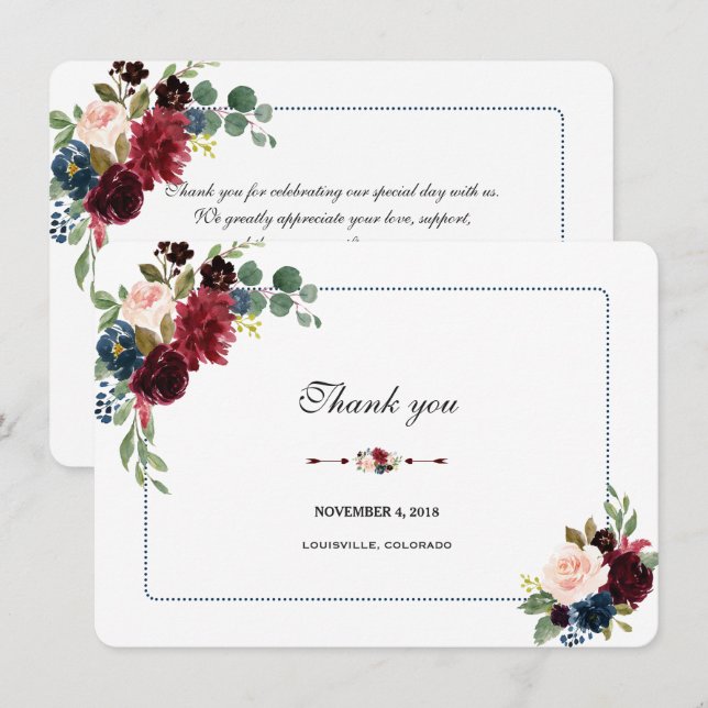 Burgundy Navy Blue Floral Frame Wedding Thank you Invitation (Front/Back)