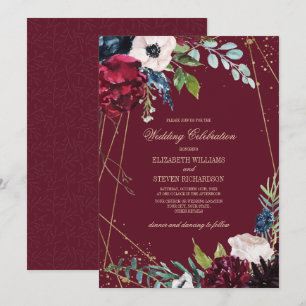 Burgundy Navy Blue Floral Geometric Wedding Invitation