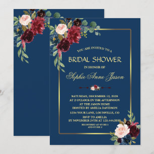 Burgundy Navy Blue Floral Gold Frame Bridal Shower Invitation