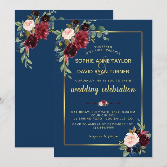 Burgundy Navy Blue Floral Golden Frame Wedding Invitation (Front/Back)