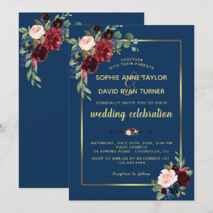 Burgundy Navy Blue Floral Golden Frame Wedding Invitation