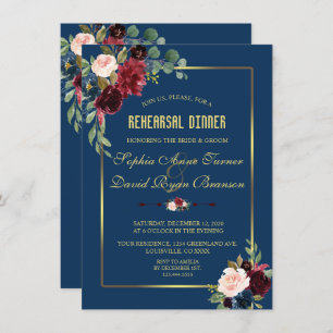 Burgundy Navy Blue Floral Golden Rehearsal Dinner Invitation