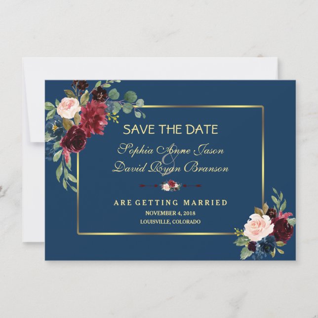 Burgundy Navy Blue Floral Golden Save The Date (Front)