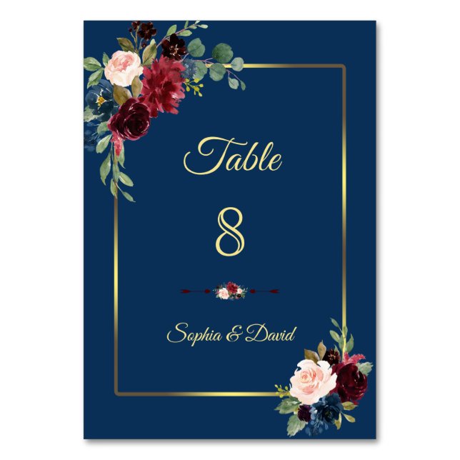 Burgundy Navy Blue Floral Golden Wedding Table Number (Front)