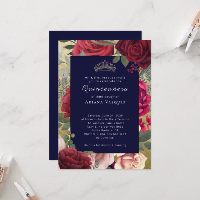  Burgundy Navy Blue Floral Quinceañera Invitation (Front/Back In Situ)