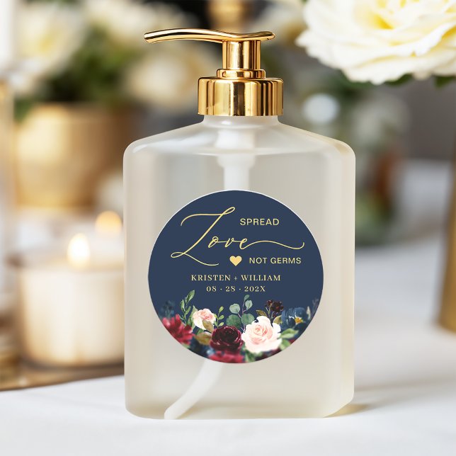 Burgundy Navy Blue Floral Sanitizer Wedding Favour Classic Round Sticker (Creator Uploaded)