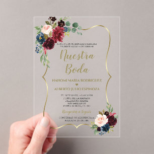 Burgundy Navy Blue Floral Spanish Nuestra Boda  Acrylic Invitations