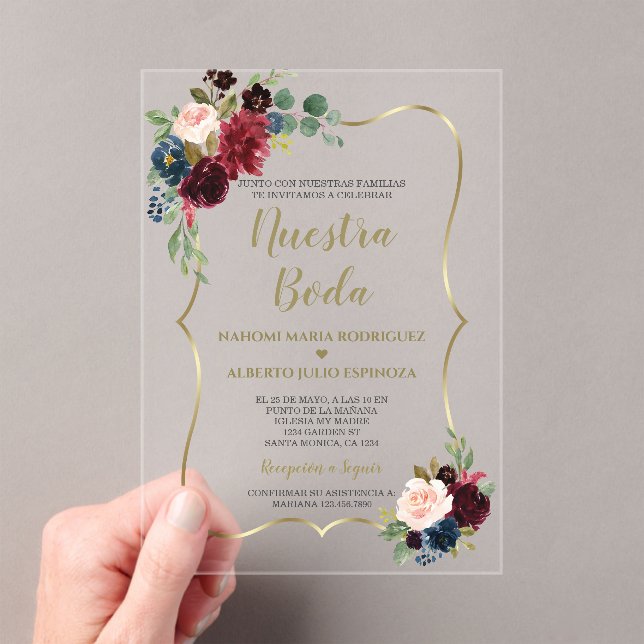 Burgundy Navy Blue Floral Spanish Nuestra Boda  Acrylic Invitations (Insitu (Handheld))