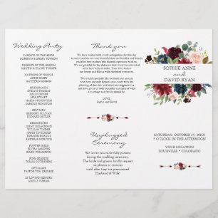 Burgundy Navy Blue Floral Tri+Fold Wedding Program Flyer