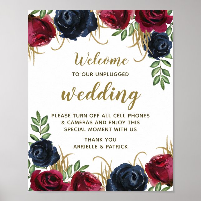 Burgundy Navy Blue Floral Unplugged Wedding Sign (Front)