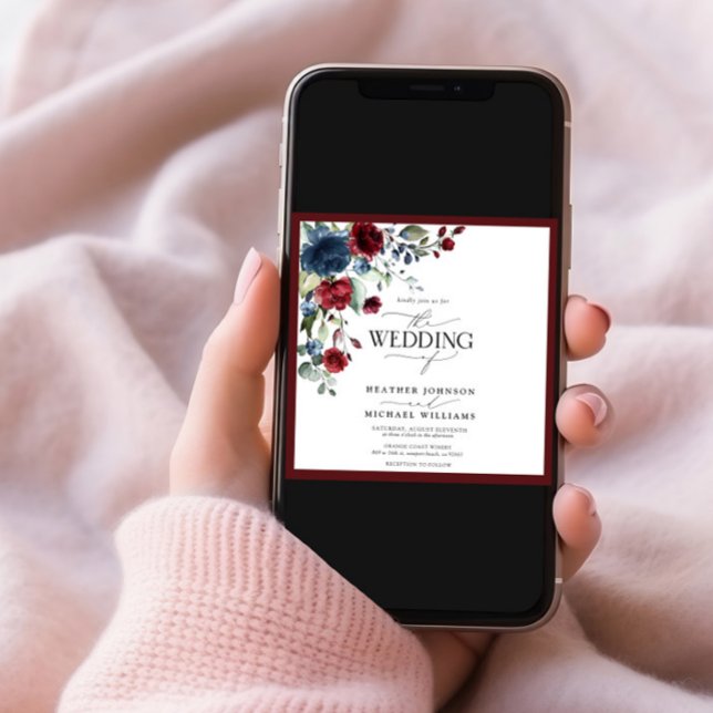 Burgundy Navy Blue Floral Watercolor Script Invitation (Creator Uploaded)