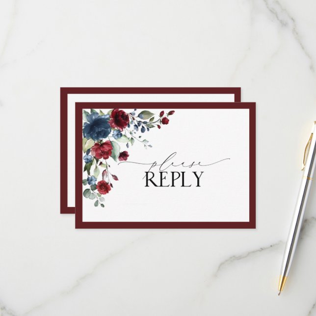 Burgundy Navy Blue Floral Watercolor Script RSVP (Front/Back In Situ)