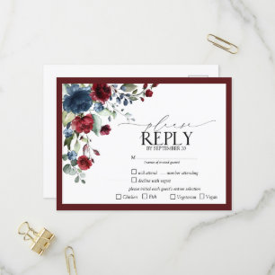 Burgundy Navy Blue Floral Watercolor Script RSVP Invitation Postcard