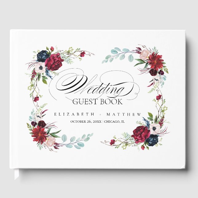 Burgundy | Navy Blue Floral Watercolor Wedding Guest Book (Front)