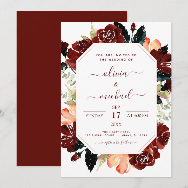 Burgundy Navy Blue Floral Wedding Elegant Modern Invitation (Front/Back)