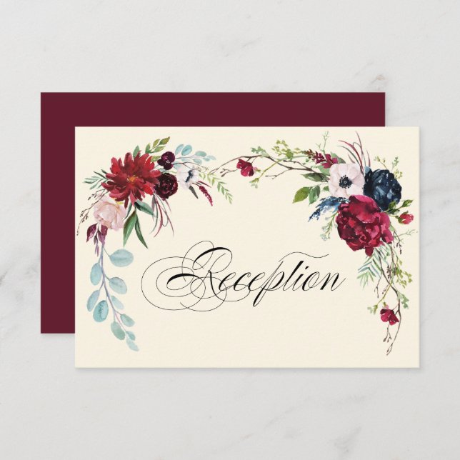 Burgundy | Navy Blue Floral Wedding Reception Card (Front/Back)