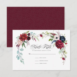 Burgundy   Navy Blue Floral Wedding RSVP Card