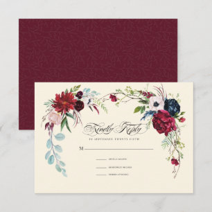 Burgundy   Navy Blue Floral Wedding RSVP Card