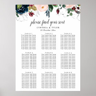 burgundy & navy blue floral wedding seating chart