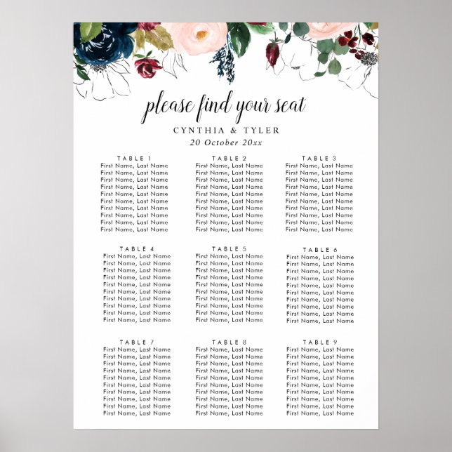 burgundy & navy blue floral wedding seating chart (Front)