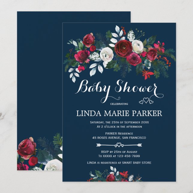 Burgundy navy blue floral winter baby shower invitation (Front/Back)