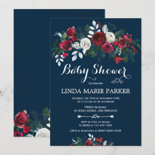 Burgundy navy blue floral winter baby shower invitation