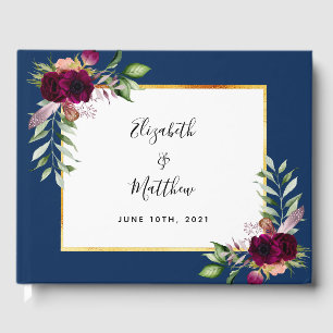 Burgundy navy blue florals greenery wedding guest book