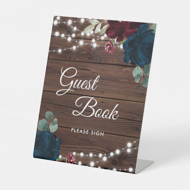 Burgundy & Navy Blue Flowers Guest Book Sign (Front)