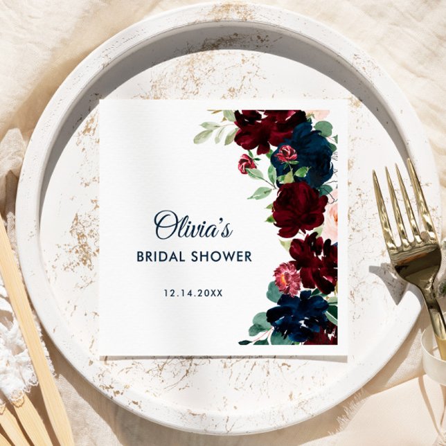Burgundy & Navy Blue Flowers Rustic Bridal Shower Napkin (Creator Uploaded)