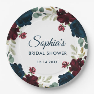 Burgundy & Navy Blue Flowers Rustic Bridal Shower Paper Plate
