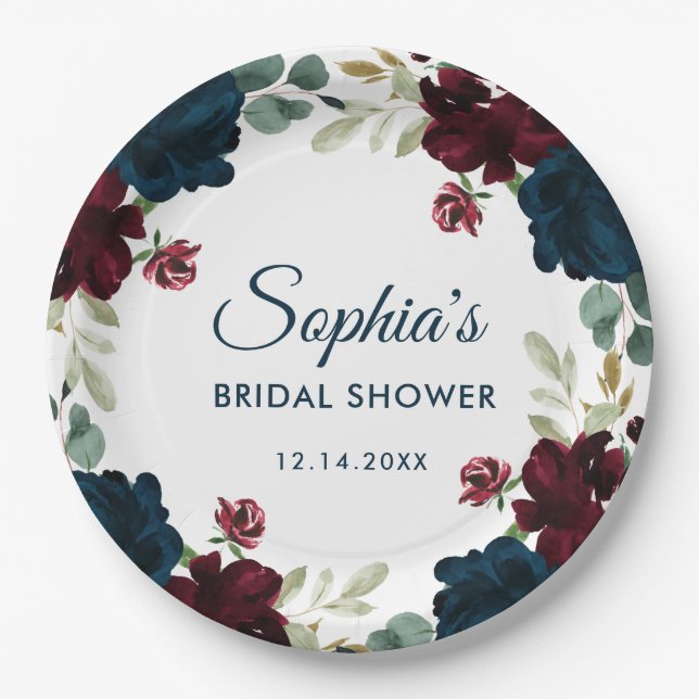 Burgundy & Navy Blue Flowers Rustic Bridal Shower Paper Plate (Front)