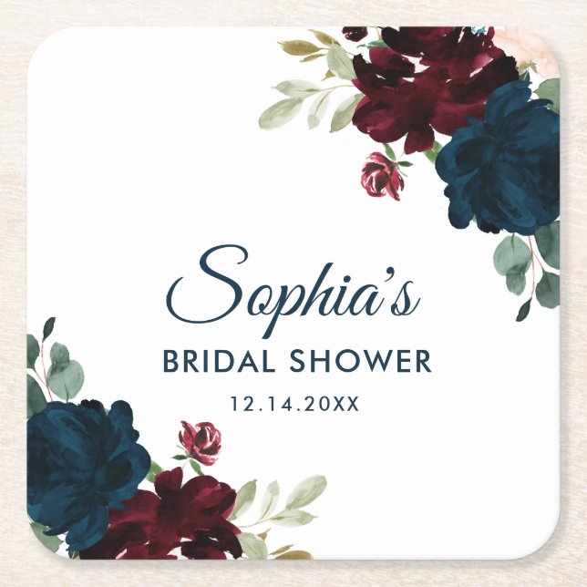Burgundy & Navy Blue Flowers Rustic Bridal Shower Square Paper Coaster (Front)