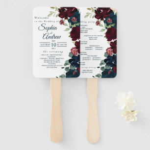 Burgundy & Navy Blue Flowers  Wedding Set of Fans