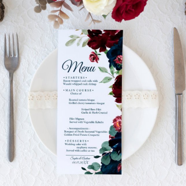 Burgundy & Navy Blue Flowers Wood Wedding Menu (Creator Uploaded)