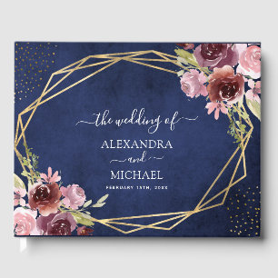 Burgundy Navy Blue Geometric Floral Wedding Guest Book