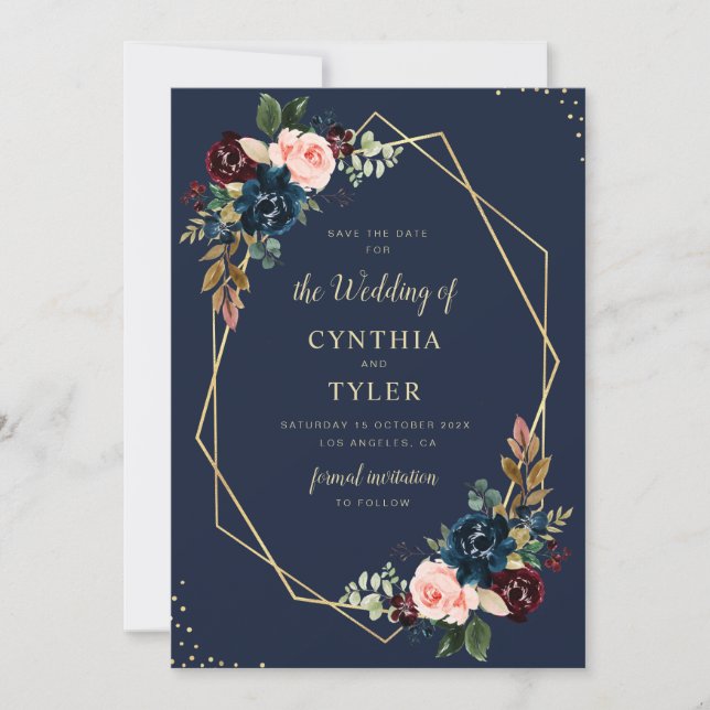 burgundy & navy blue geometric save the date invit invitation (Front)
