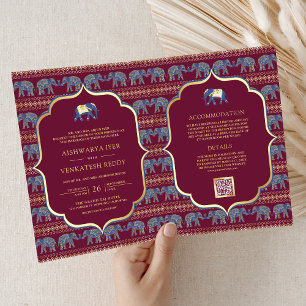 Burgundy Navy Blue Gold Elephant Indian Wedding Invitation
