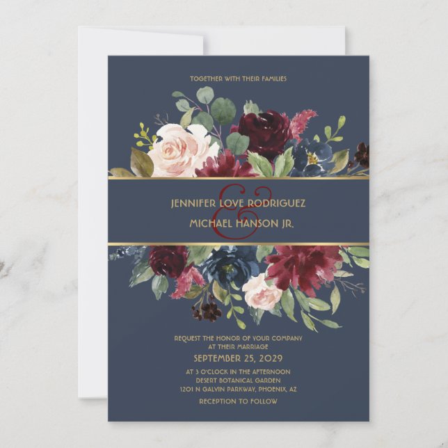 Burgundy & Navy Blue Gold Floral Boho Chic Wedding Invitation (Front)