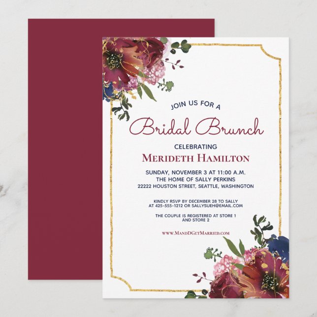 Burgundy Navy Blue Gold Floral Bridal Shower Invitation (Front/Back)