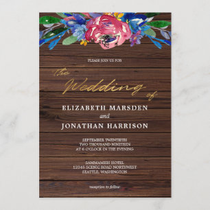Burgundy Navy Blue Gold Floral Dark Wood Wedding Invitation